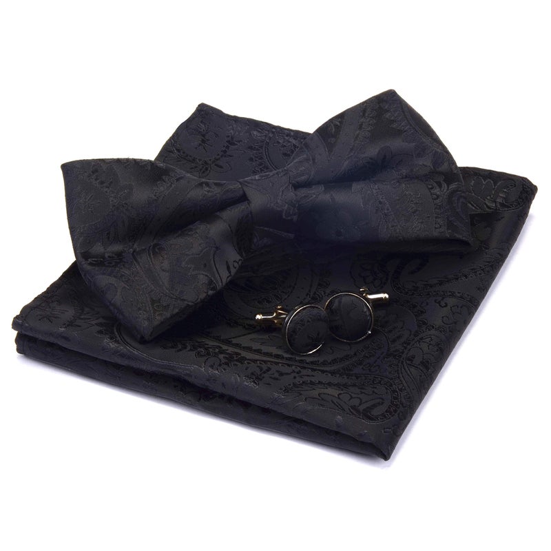 GUSLESON Black Paisley Bow Tie Wedding Pre-tied Silk BowTies and Pocket Square Cufflink Set(0581-01) - Image 1